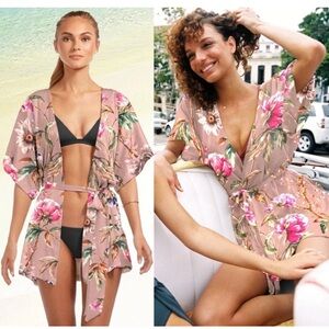 Vitamin A Silk Kimono White Ginger Floral Beach Kimono Robe Blush Pink - Size S